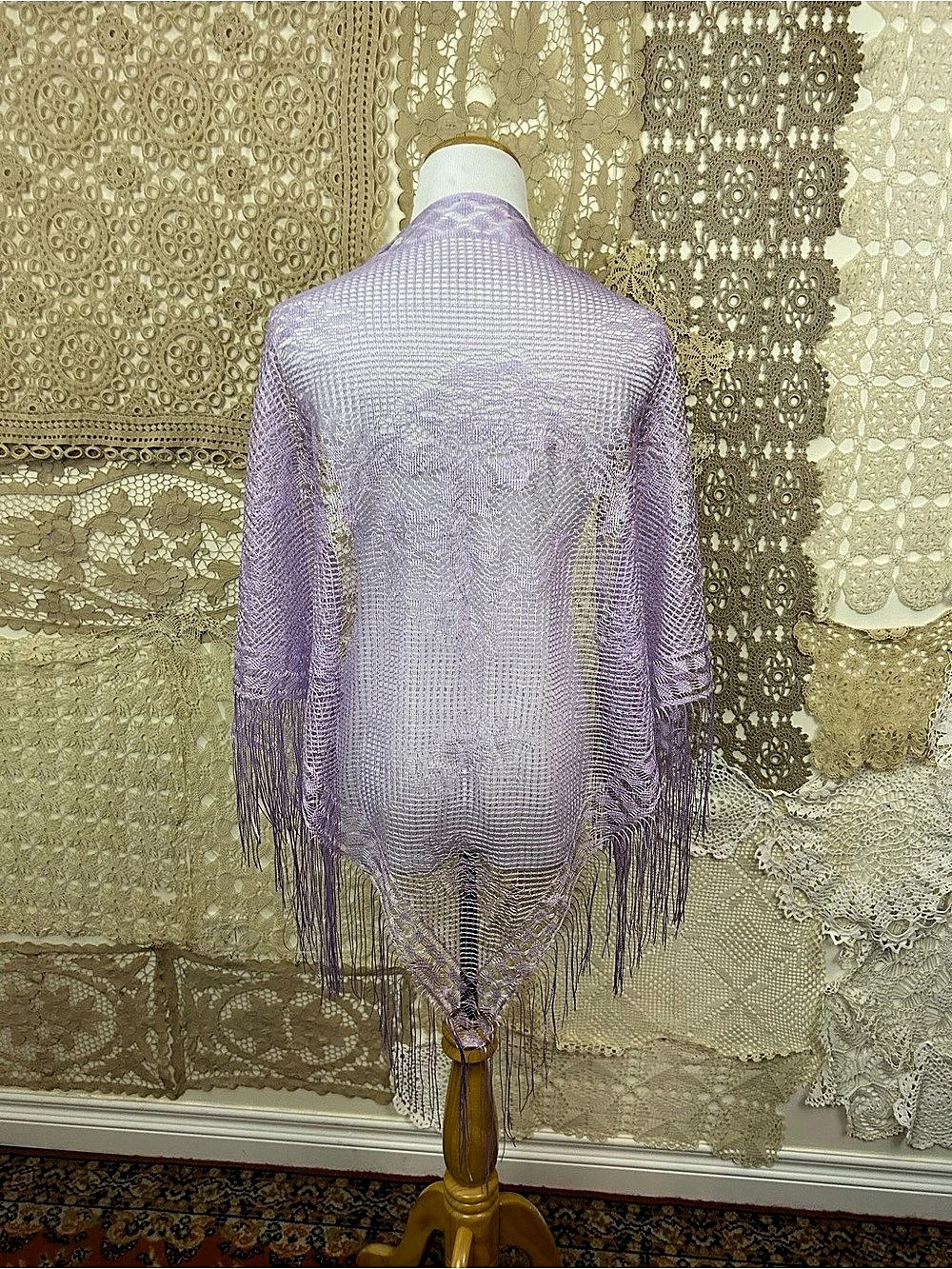 Lavender Floral Openwork Shawl Fringe Like New Synthetic Material